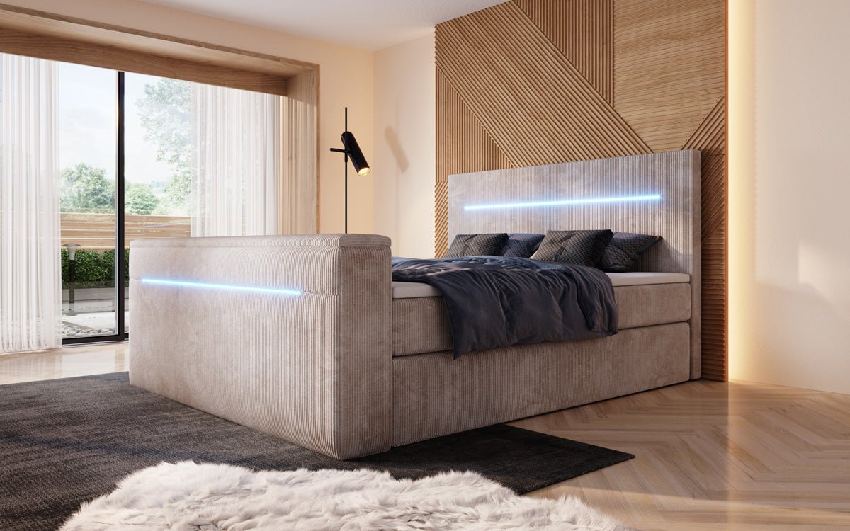 Boxspringbed Sejour met TV-lift, RGB en opbergruimte in Ribstof