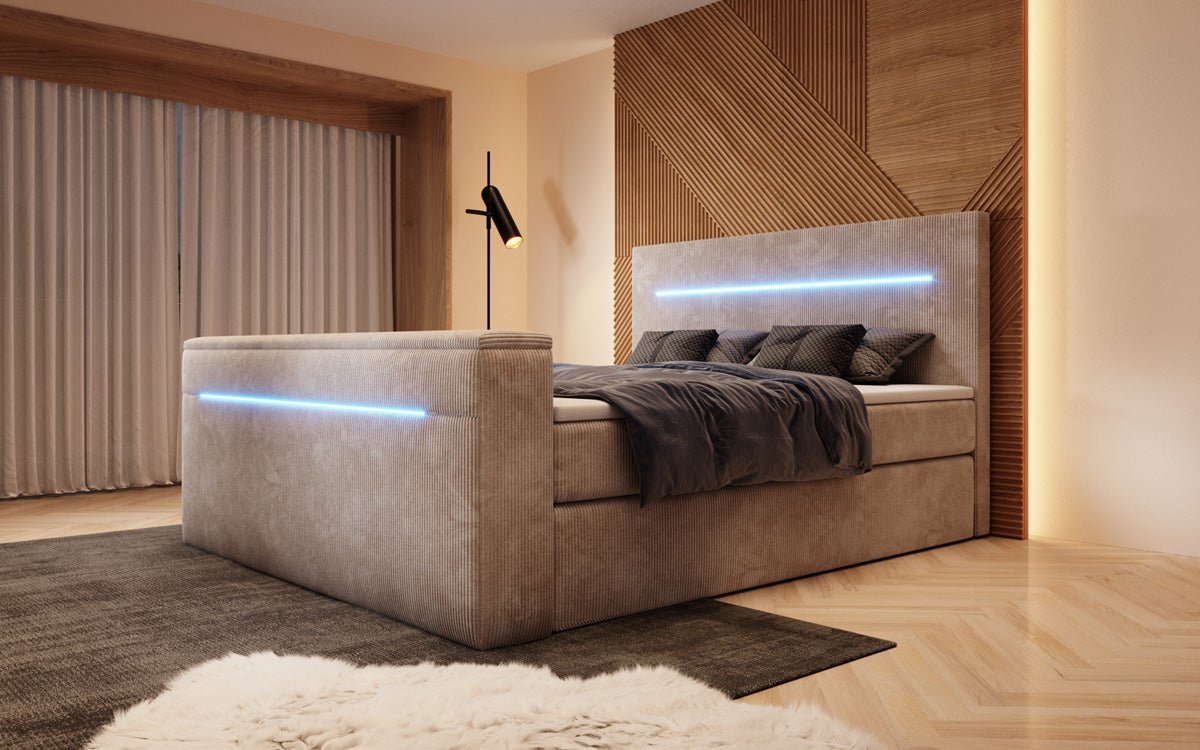 Boxspringbed Sejour met TV-lift, RGB en opbergruimte in Ribstof