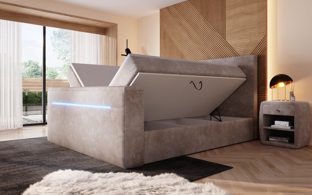 Boxspringbed Sejour met TV-lift, RGB en opbergruimte in Ribstof