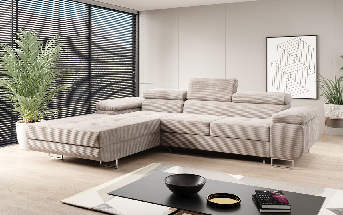 Designersofa Calvera met slaap- en klapfunctie in ribstof