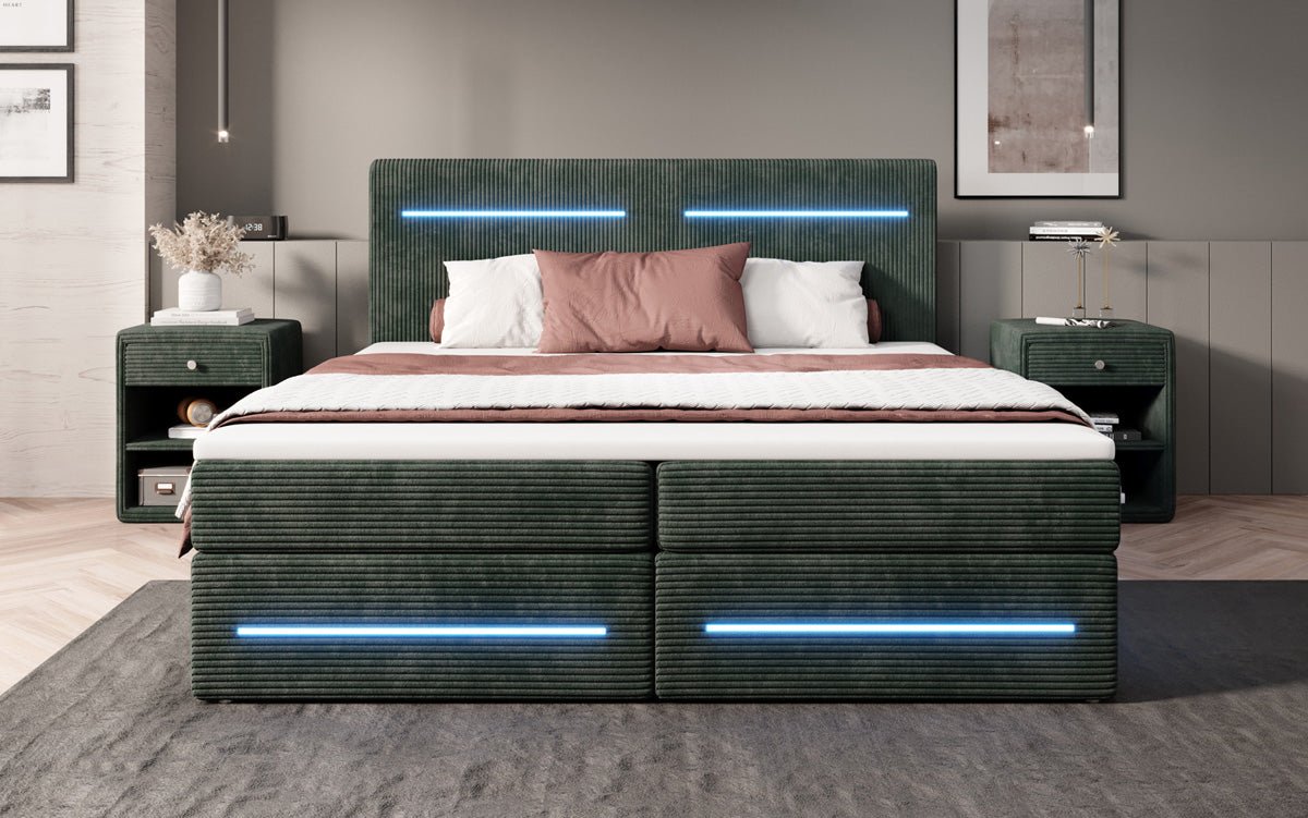 Boxspring bed Lara with storage and LED in corduroy