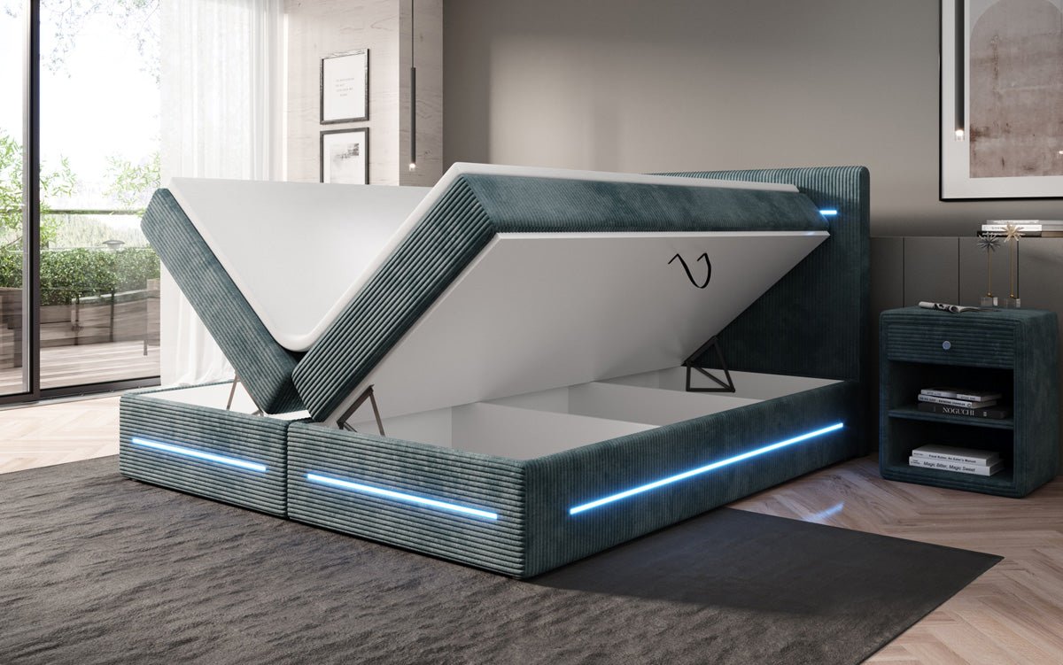Boxspring bed Lara with storage and LED in corduroy