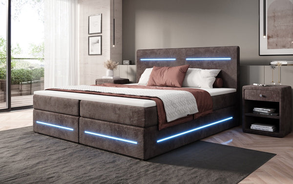 Boxspringbed Lara met opbergruimte en LED in Ribstof
