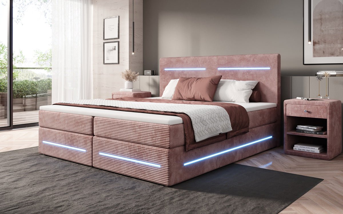 Boxspring bed Lara with storage and LED in corduroy