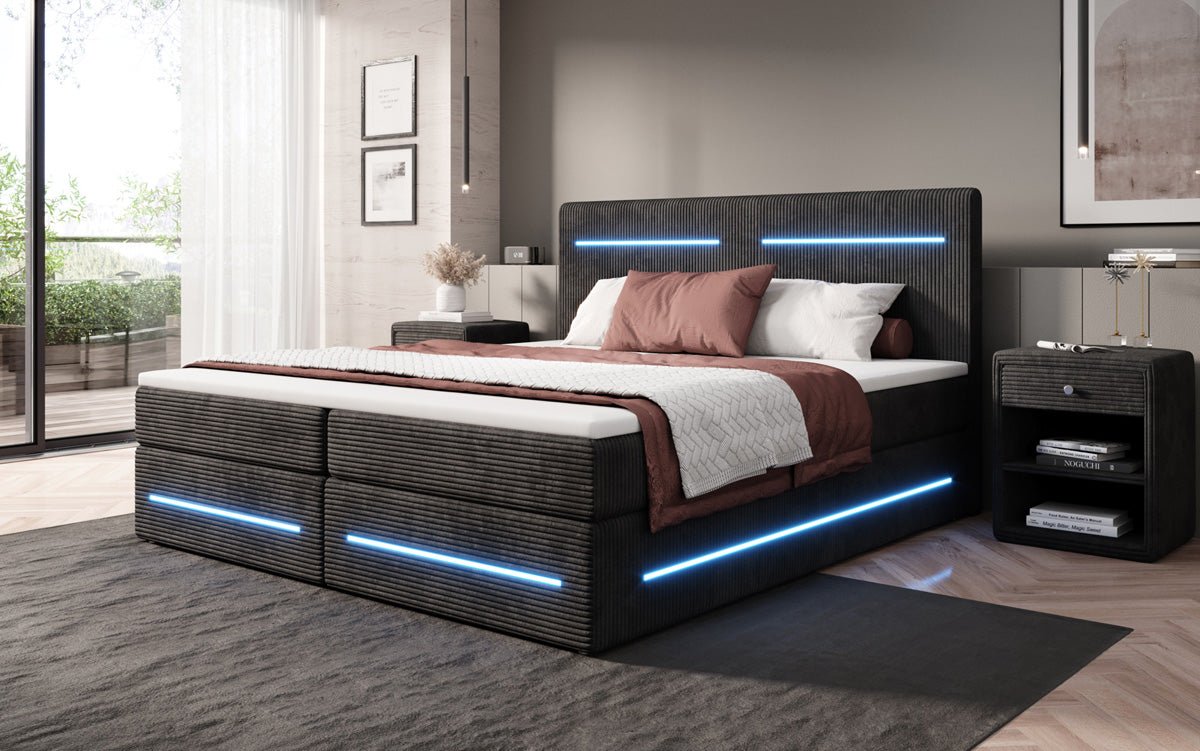Boxspring bed Lara with storage and LED in corduroy