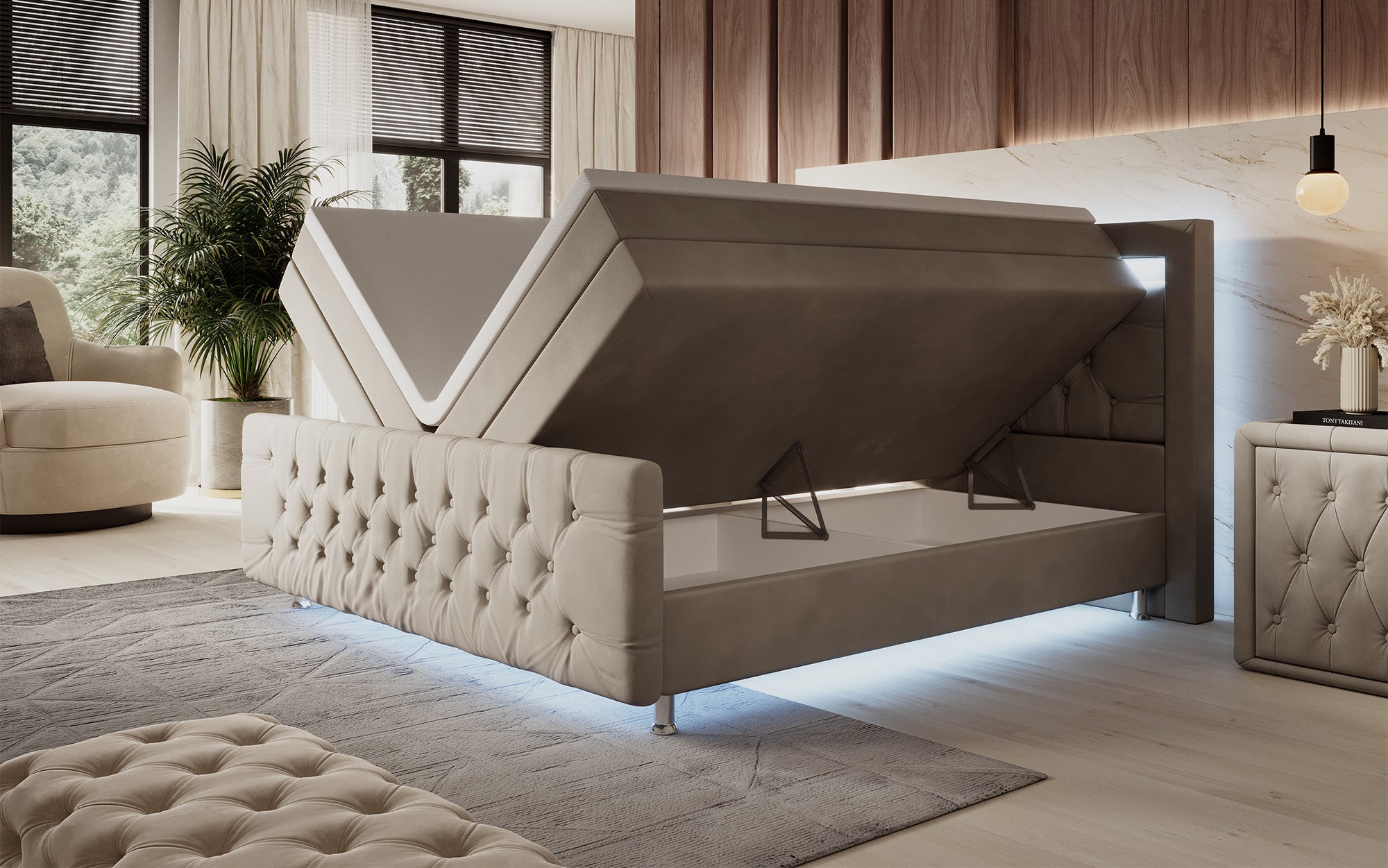 Lorena boxspringbed met LED en opbergruimte