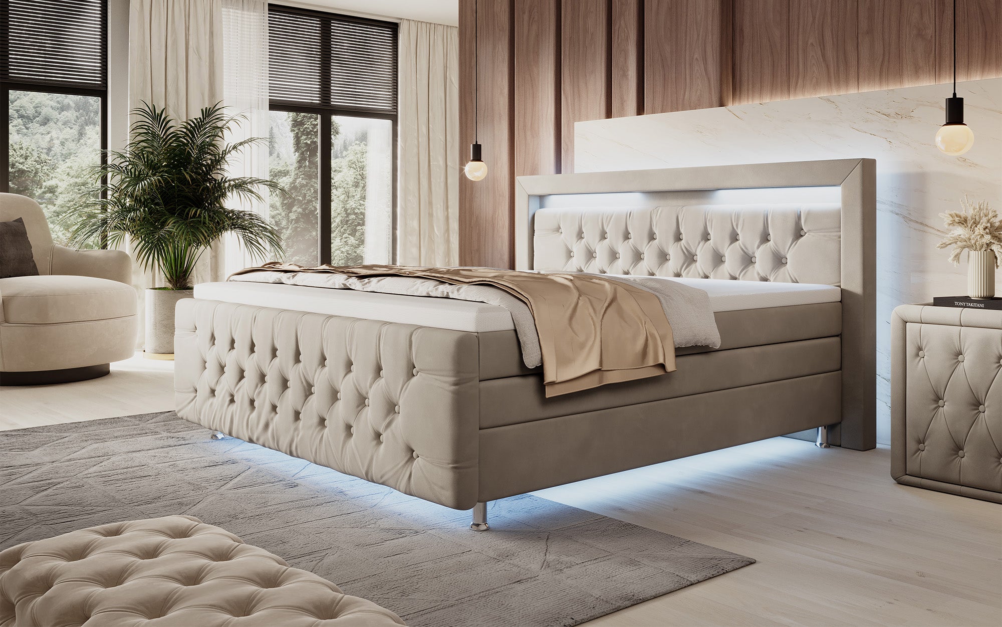 Lorena boxspringbed met LED en opbergruimte