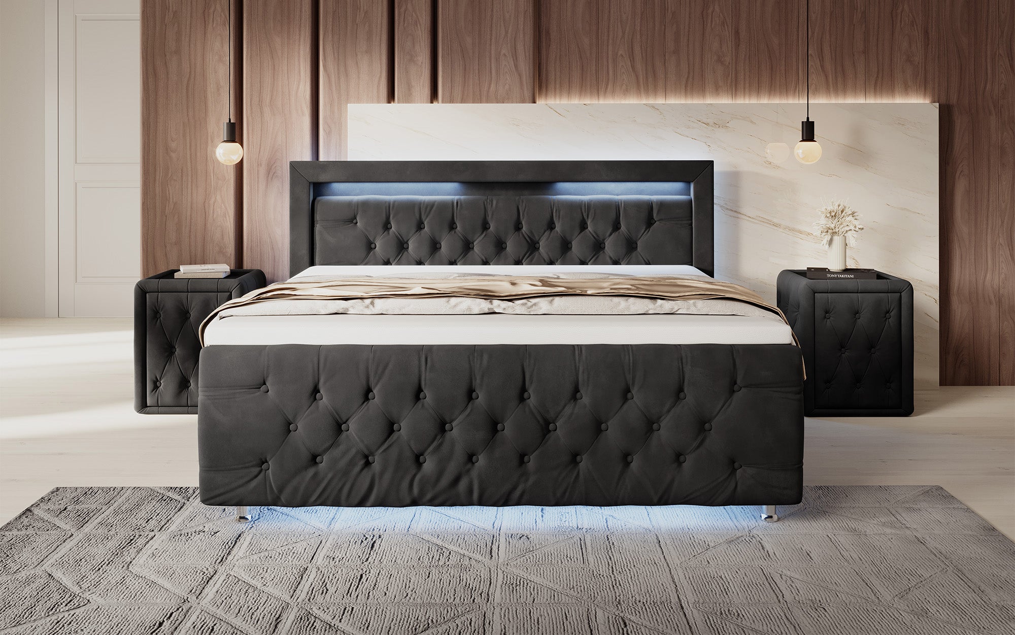 Lorena boxspringbed met LED en opbergruimte