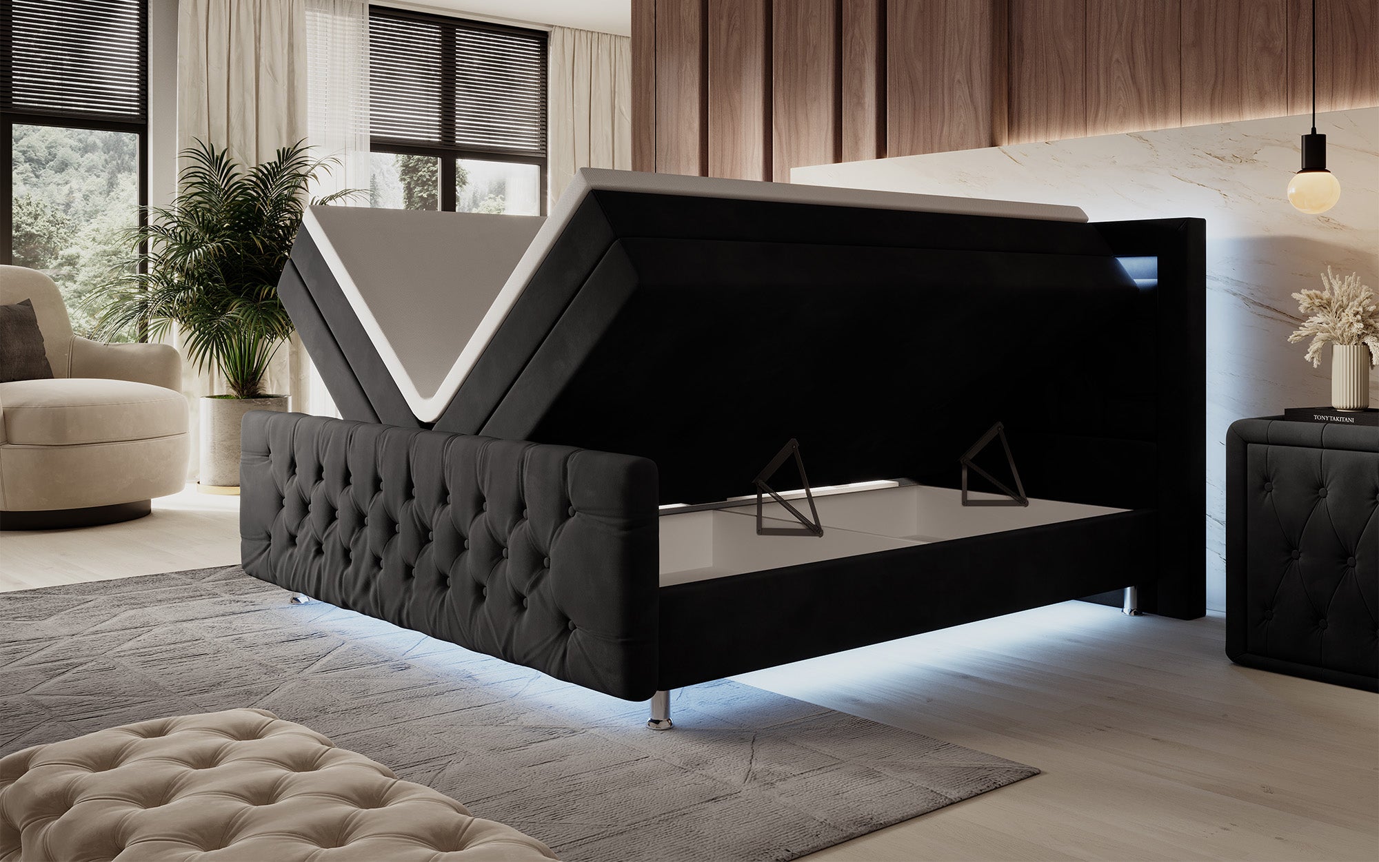 Lorena boxspringbed met LED en opbergruimte