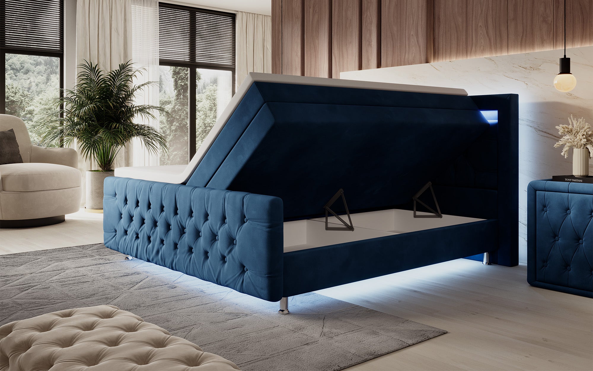 Lorena boxspringbed met LED en opbergruimte