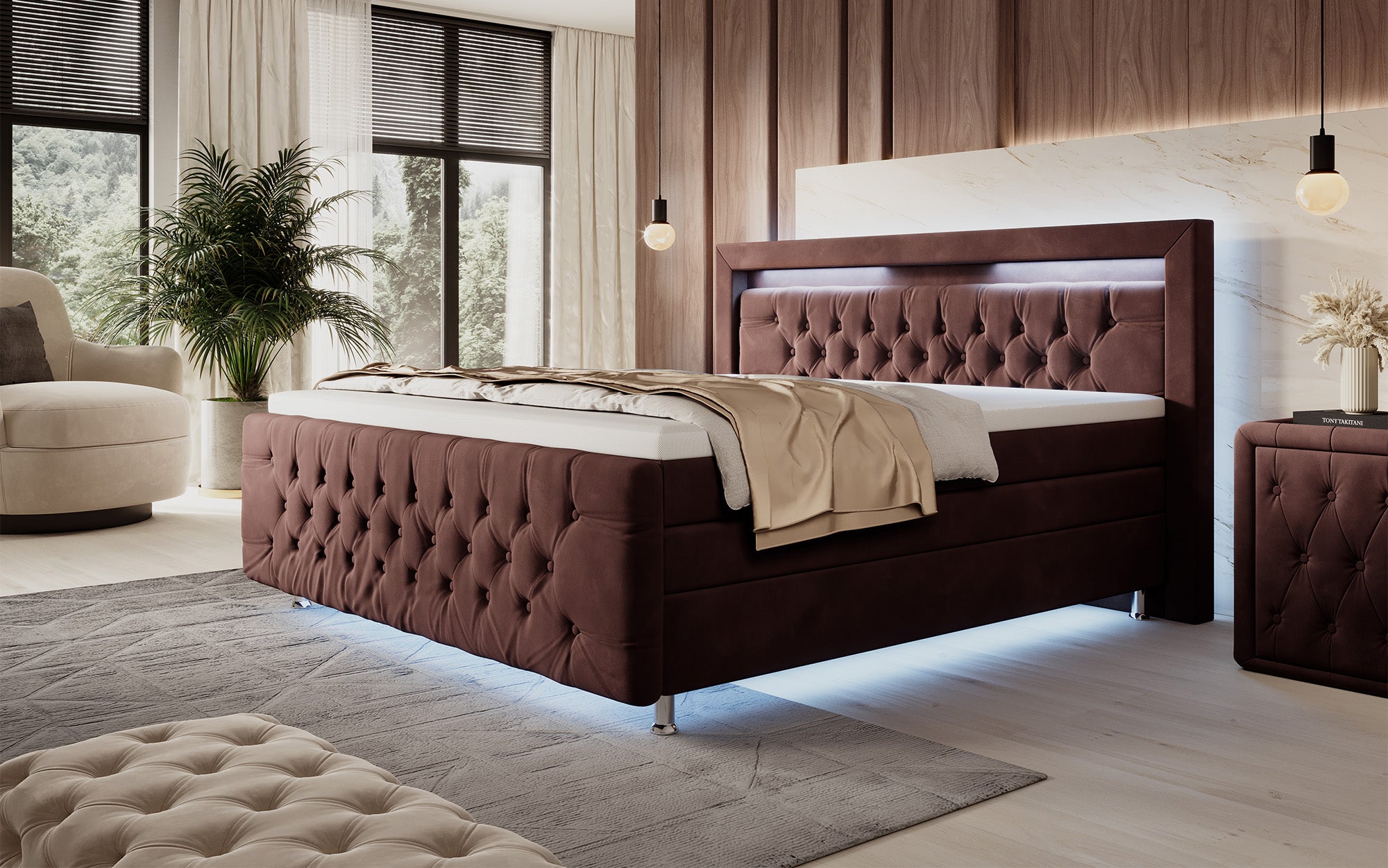 Lorena boxspringbed met LED en opbergruimte