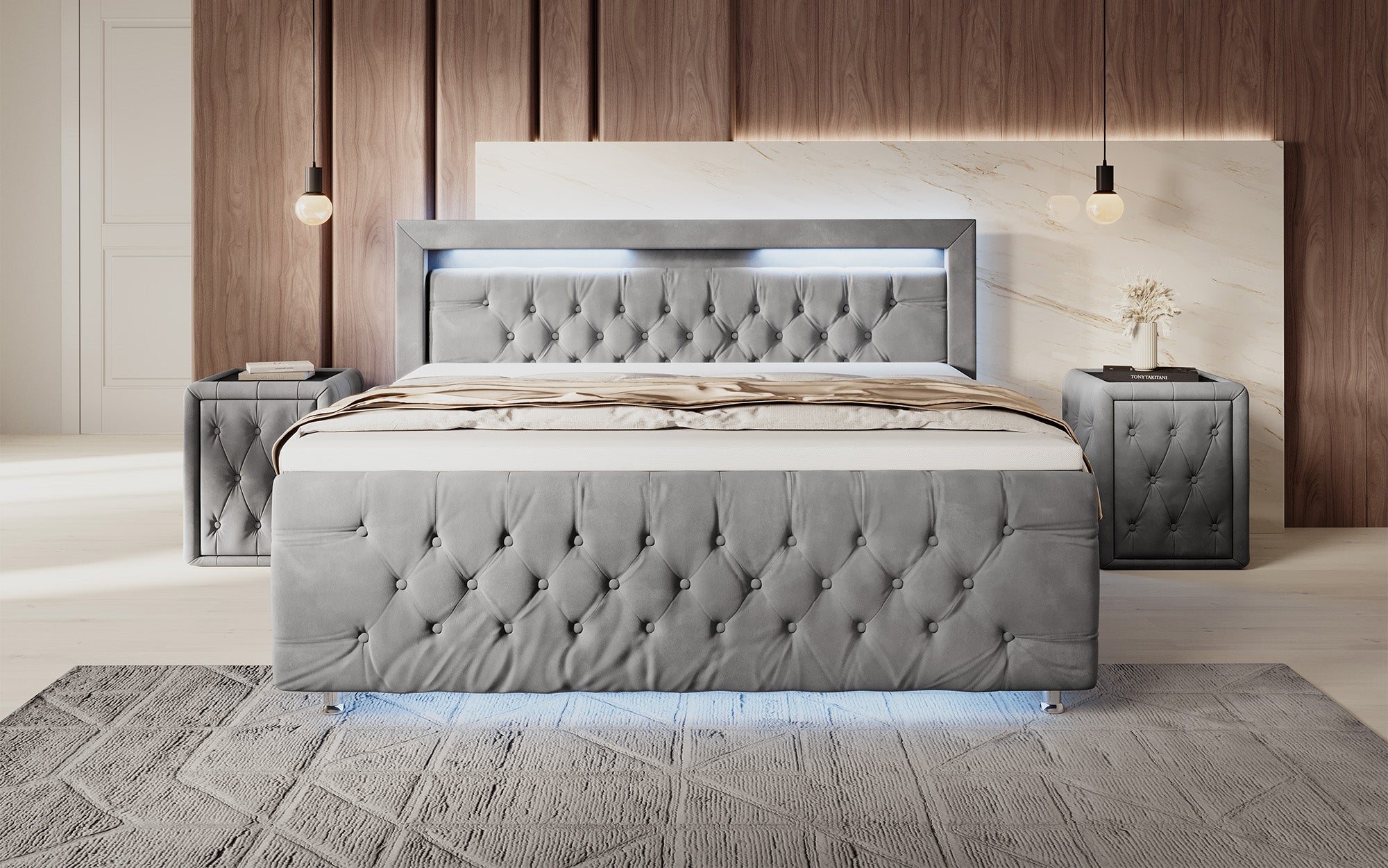 Lorena boxspringbed met LED en opbergruimte