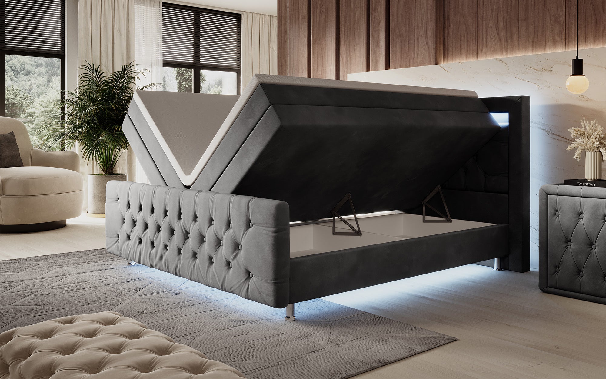 Lorena boxspringbed met LED en opbergruimte