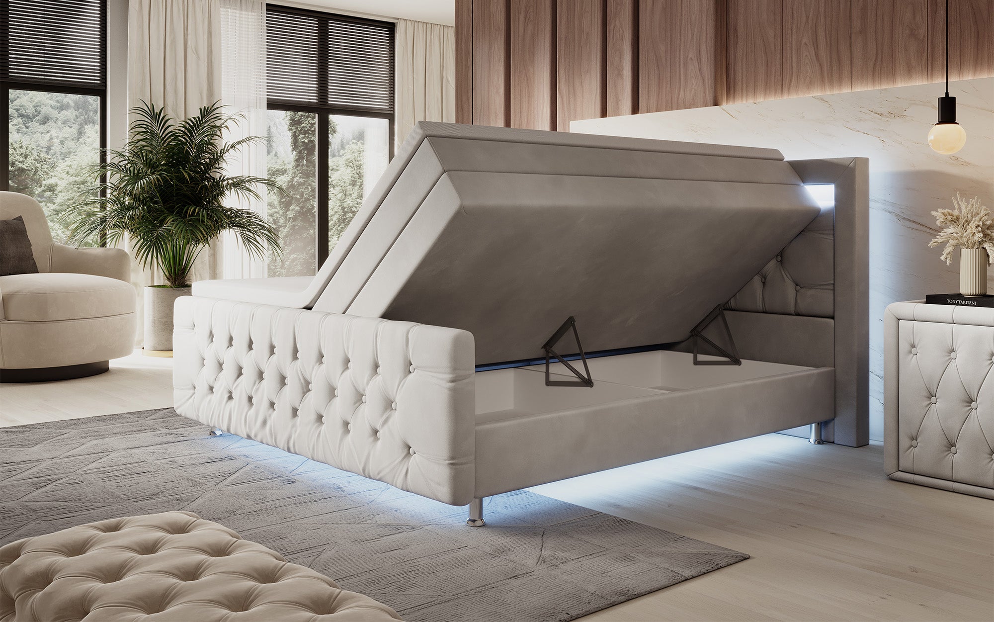 Lorena boxspringbed met LED en opbergruimte