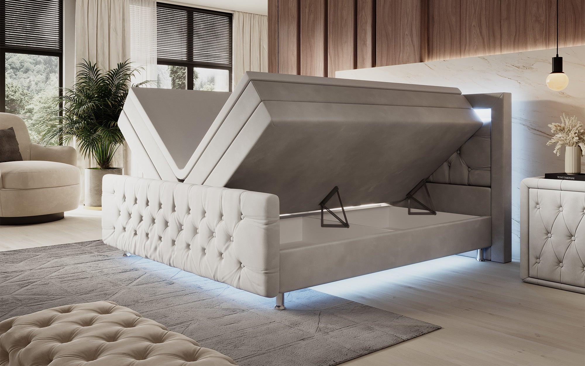 Lorena boxspringbed met LED en opbergruimte