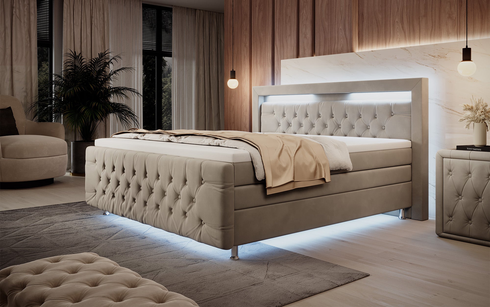 Lorena boxspringbed met LED en opbergruimte