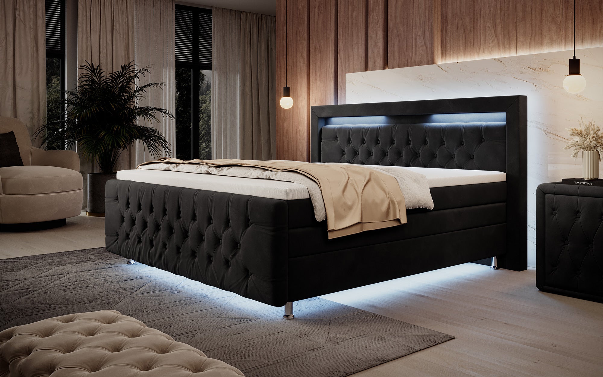 Lorena boxspringbed met LED en opbergruimte