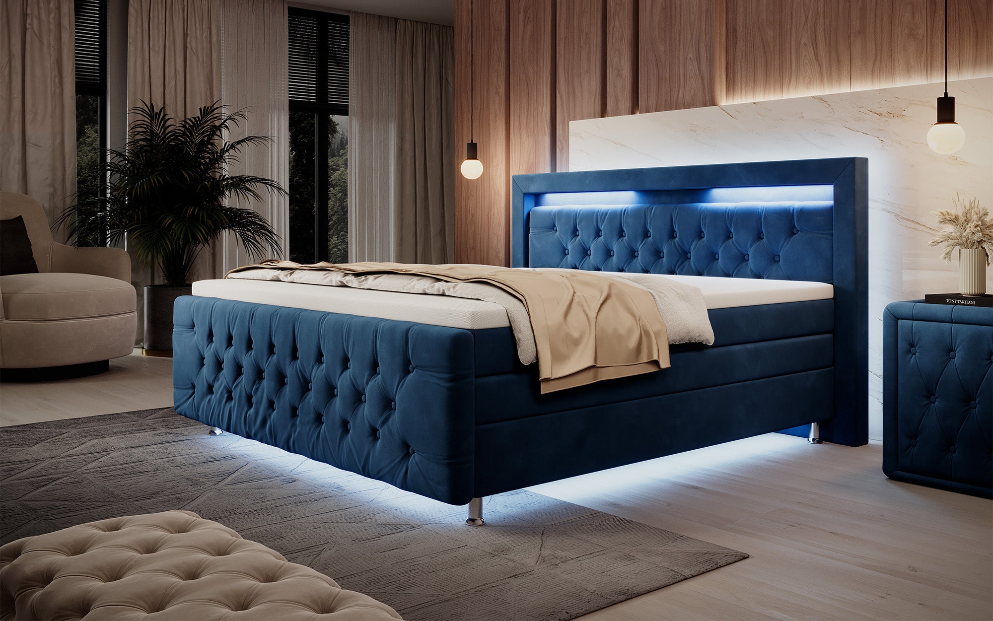 Lorena boxspringbed met LED en opbergruimte