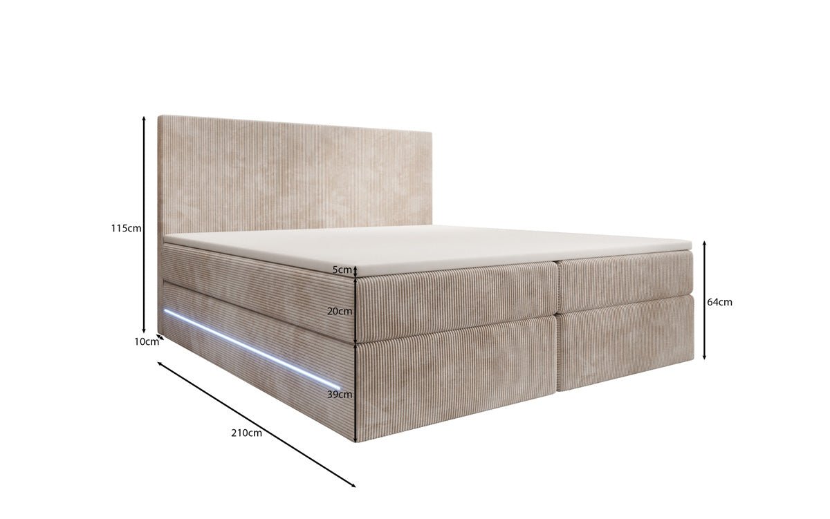 Boxspringbed Voyage met LED en opbergruimte in Ribstof