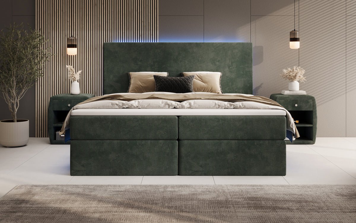 Boxspringbed Voyage met LED en opbergruimte in Ribstof