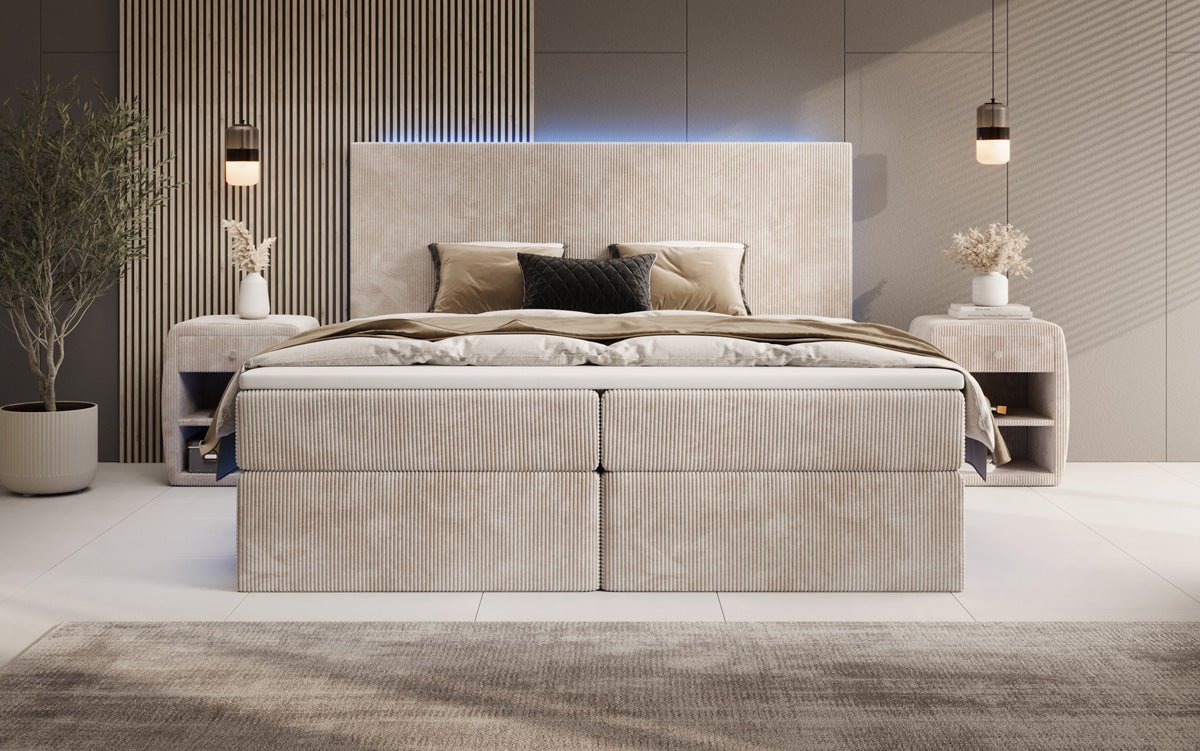 Boxspringbed Voyage met LED en opbergruimte in Ribstof