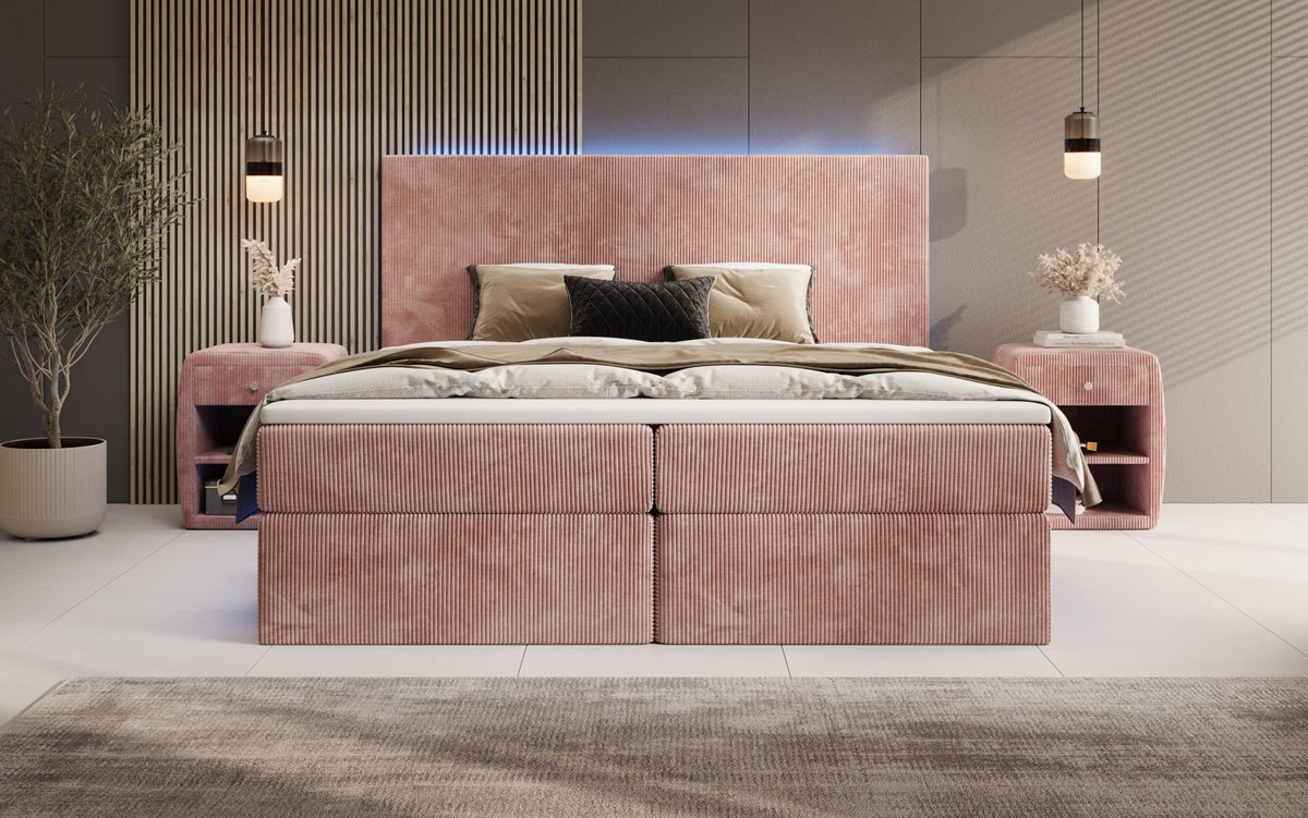 Boxspringbed Voyage met LED en opbergruimte in Ribstof