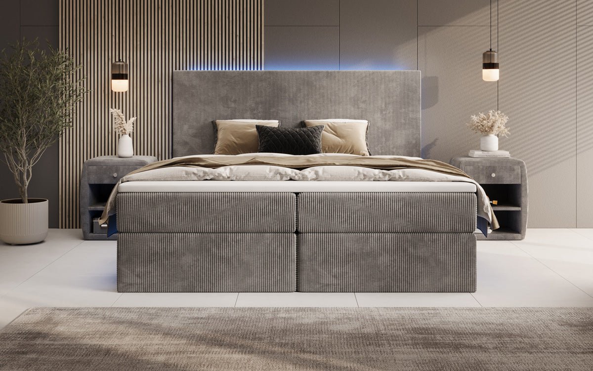 Boxspringbed Voyage met LED en opbergruimte in Ribstof