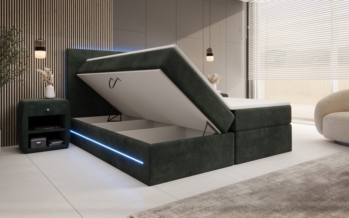 Boxspringbed Voyage met LED en opbergruimte in Ribstof