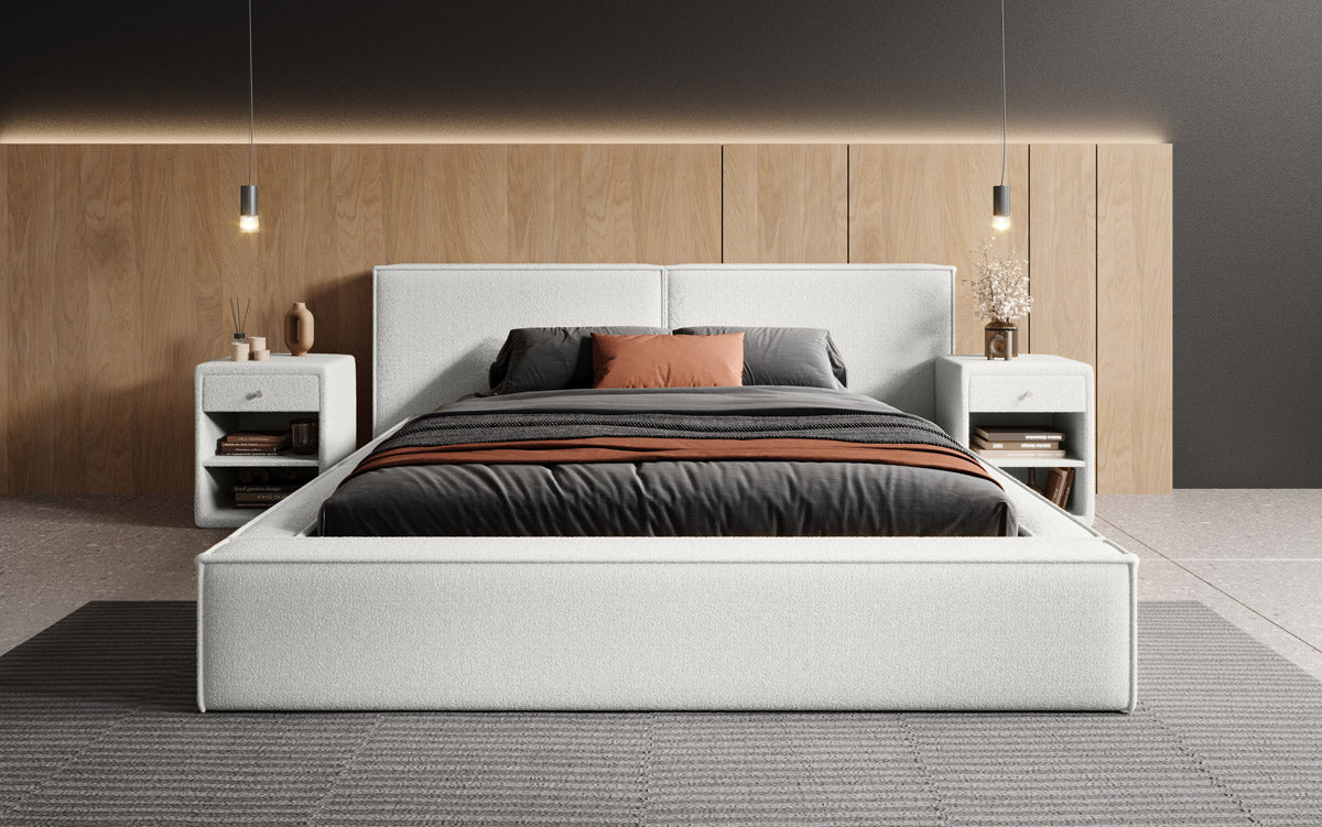 Designer gestoffeerd bed Ophelia in bouclé met opbergruimte