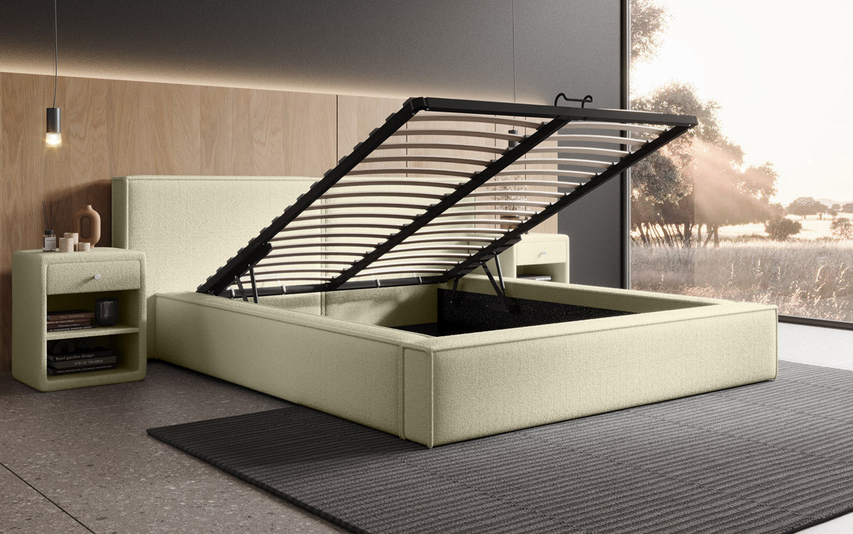 Designer gestoffeerd bed Ophelia in bouclé met opbergruimte