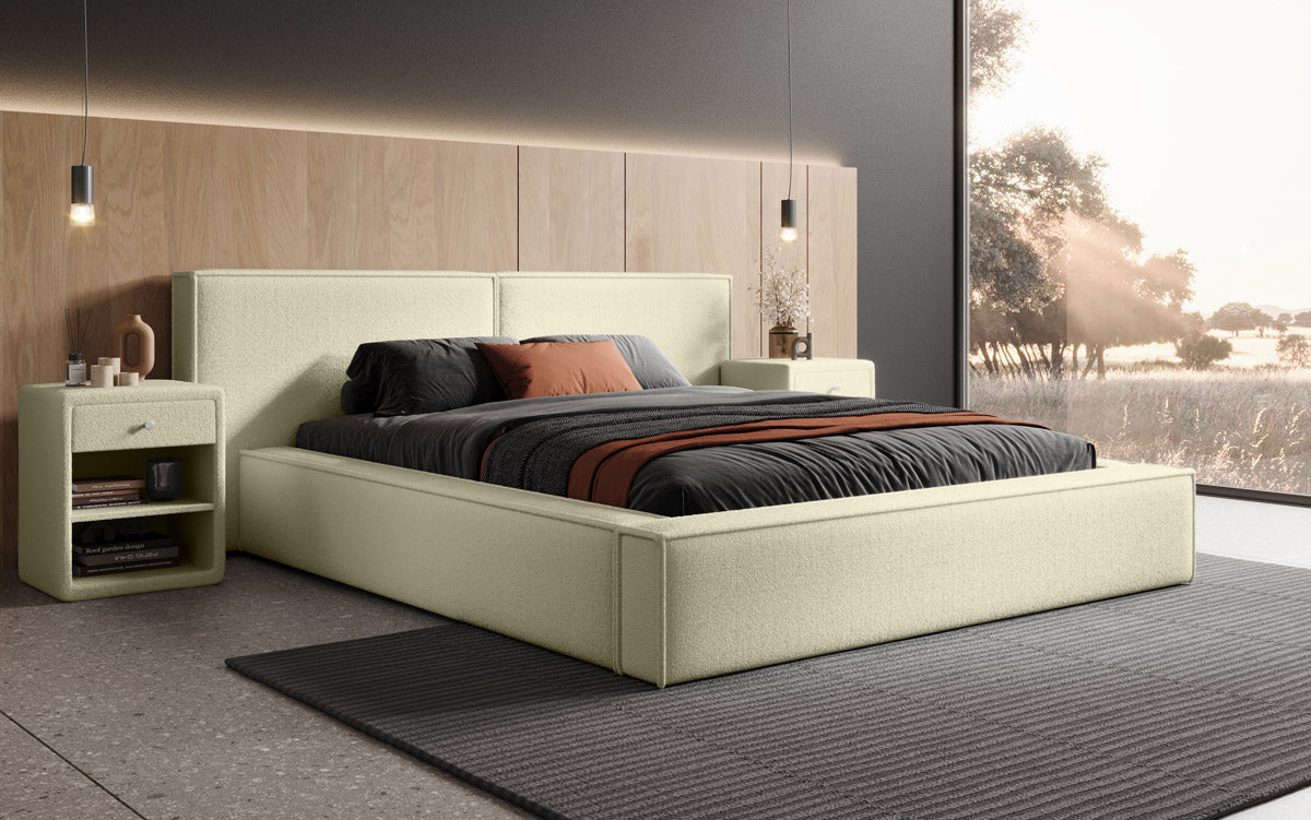 Designer gestoffeerd bed Ophelia in bouclé met opbergruimte