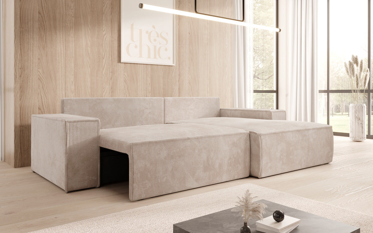 Designerbank Corino in Ribstof met slaap- en klapfunctie