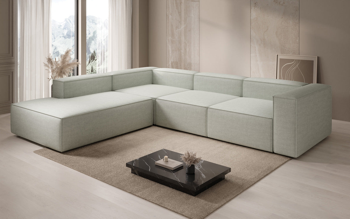 Design hoekbank Lesley met lange ottomane in linnenlook