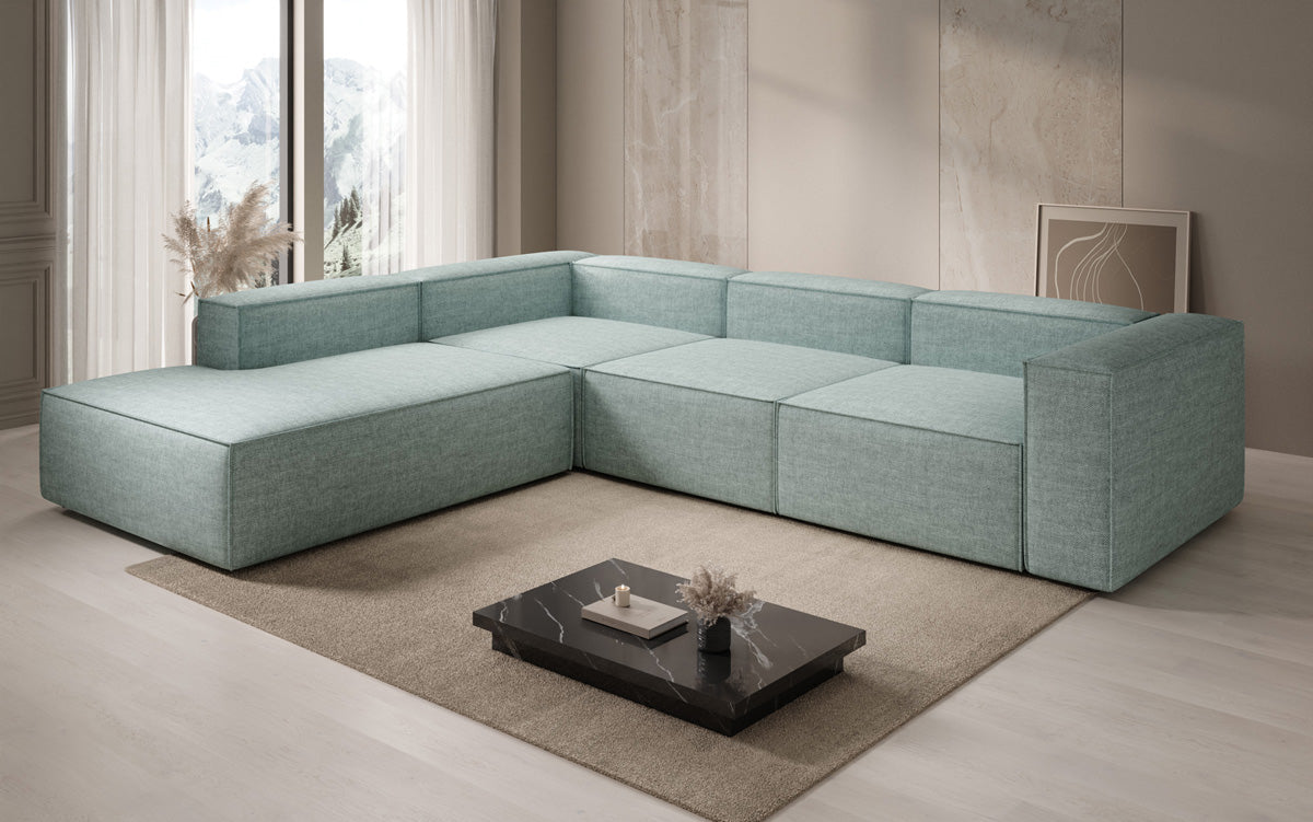 Design hoekbank Lesley met lange ottomane in linnenlook