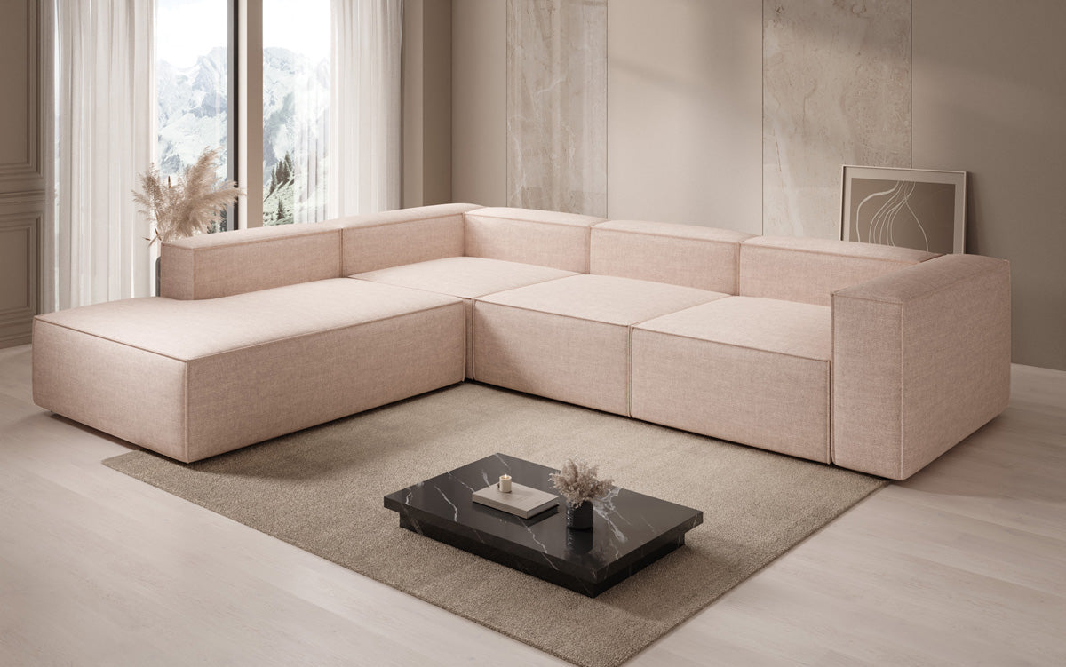 Design hoekbank Lesley met lange ottomane in linnenlook