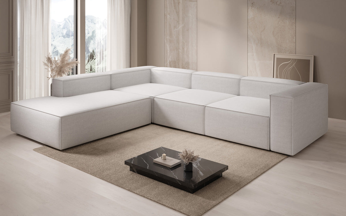 Design hoekbank Lesley met lange ottomane in linnenlook