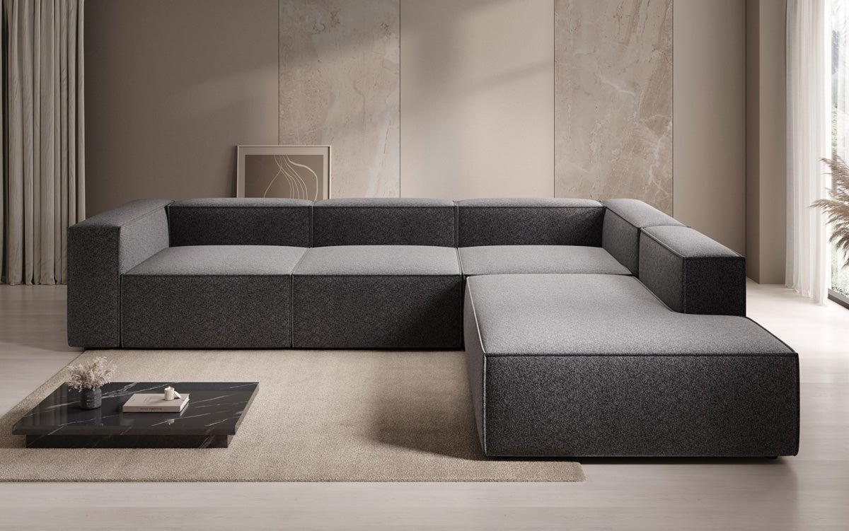 Designbank Lesley L met lange ottomane in structuurstof