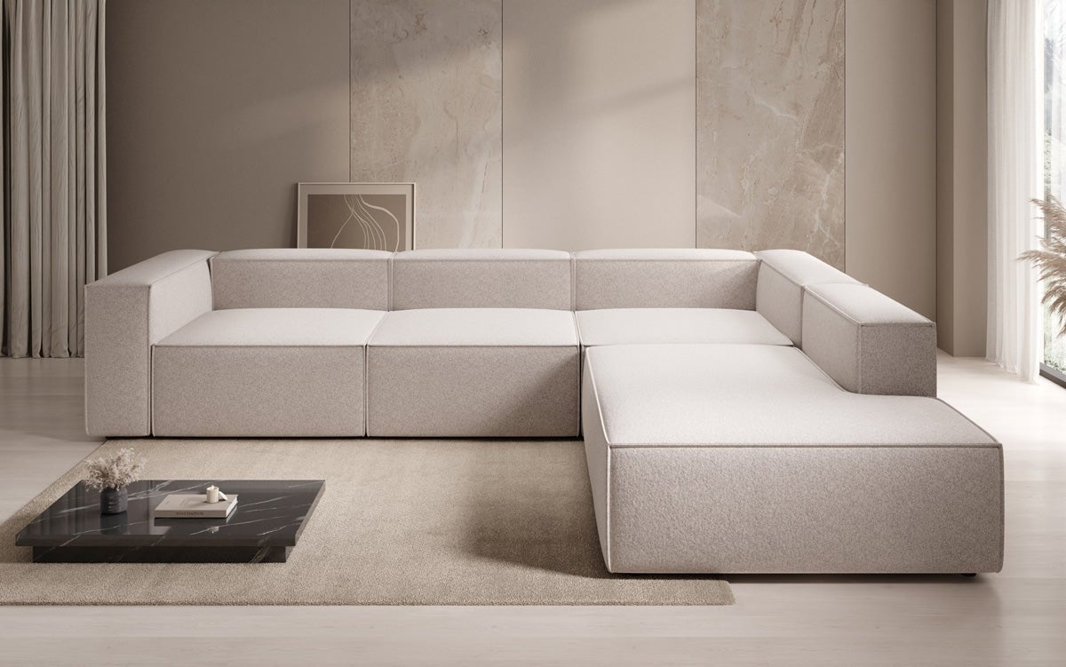 Designbank Lesley L met lange ottomane in structuurstof