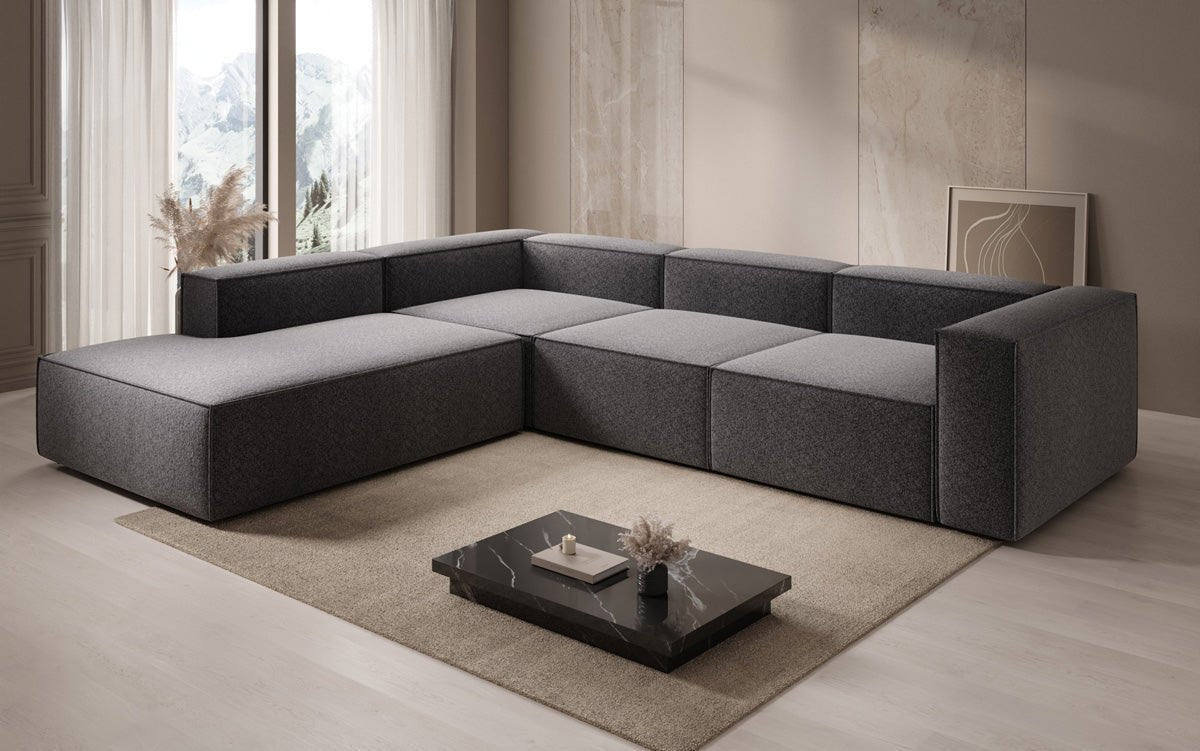 Designbank Lesley L met lange ottomane in structuurstof