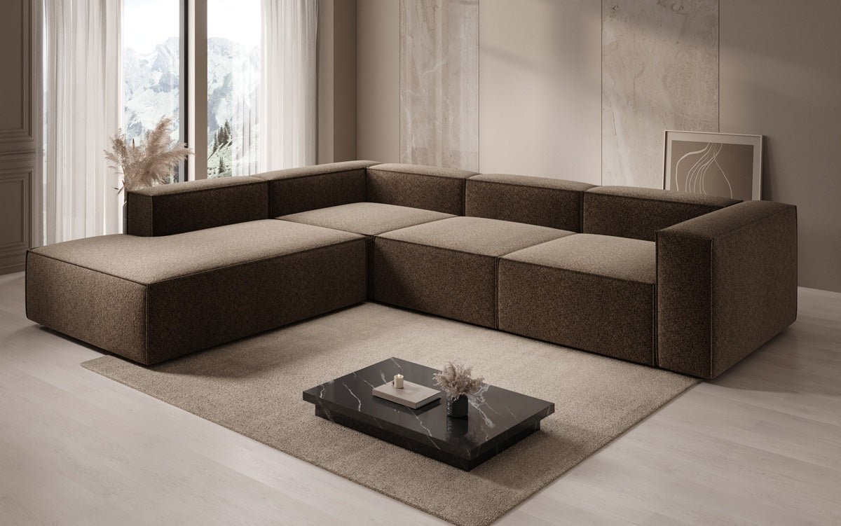 Designbank Lesley L met lange ottomane in structuurstof