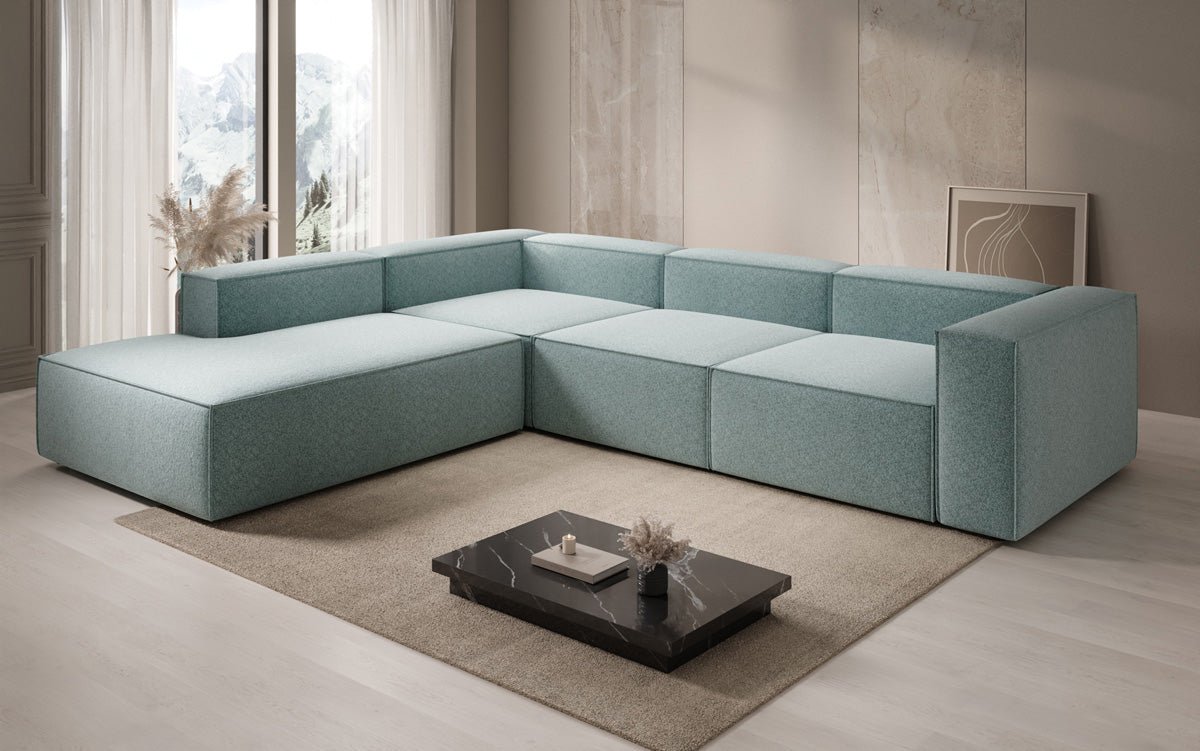 Designbank Lesley L met lange ottomane in structuurstof