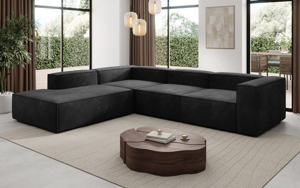 Designer-hoekbank Lesley met lange ottomane in Fluweel