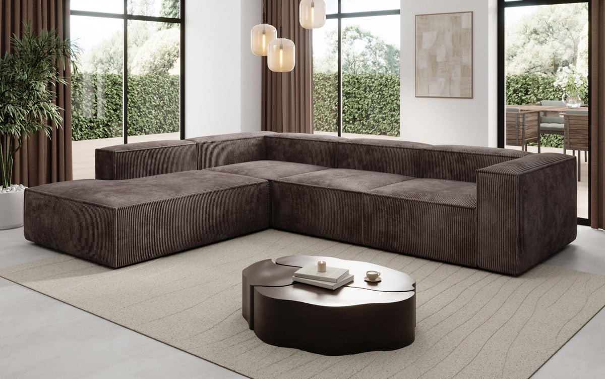 Designer Sofa Lesley L met lange ottomaan in Ribstof