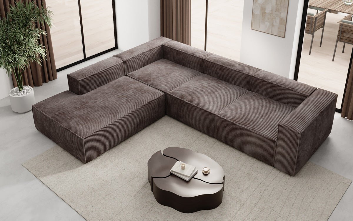Designer Sofa Lesley L met lange ottomaan in Ribstof
