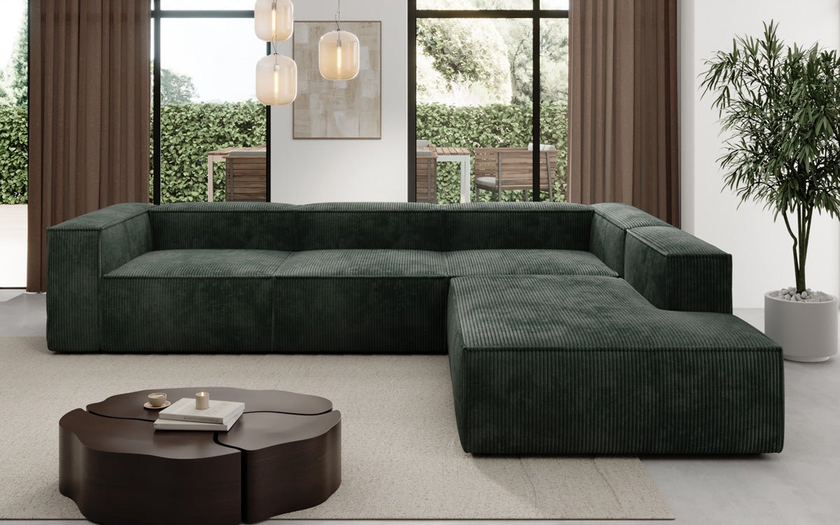 Designer Sofa Lesley L met lange ottomaan in Ribstof