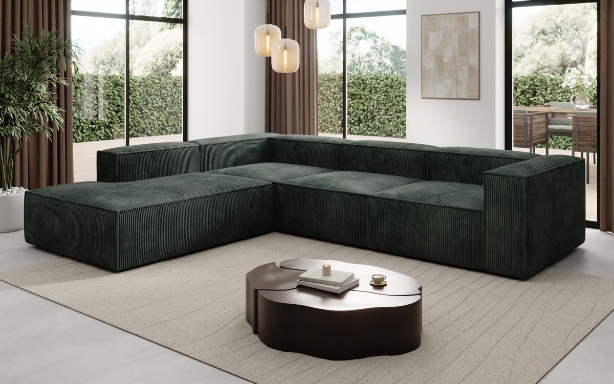 Designer Sofa Lesley L met lange ottomaan in Ribstof