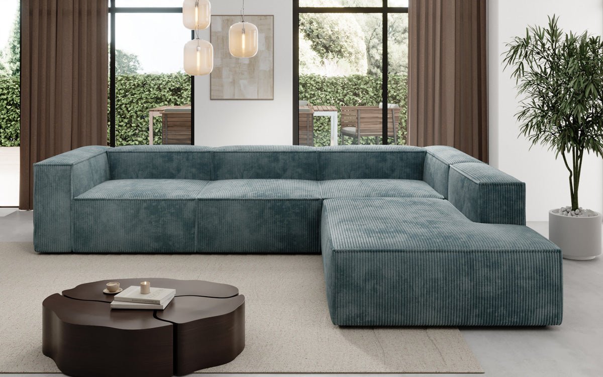 Designer Sofa Lesley L met lange ottomaan in Ribstof