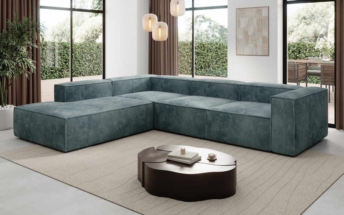 Designer Sofa Lesley L met lange ottomaan in Ribstof