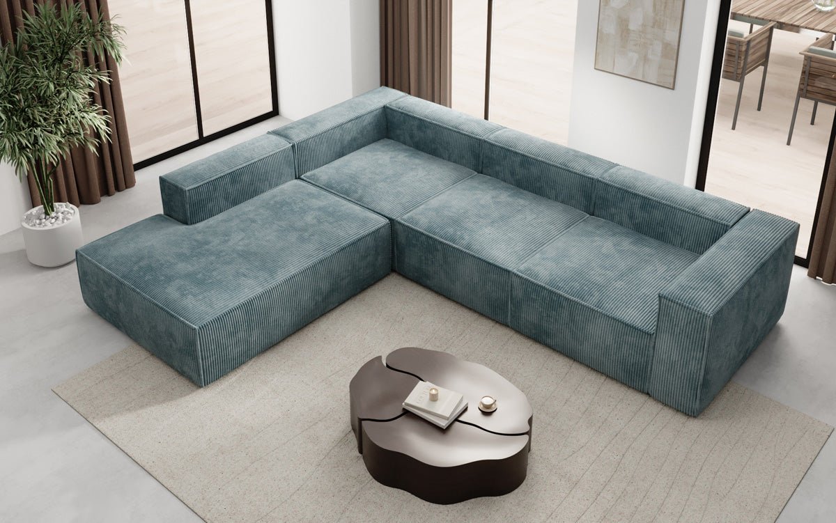 Designer Sofa Lesley L met lange ottomaan in Ribstof