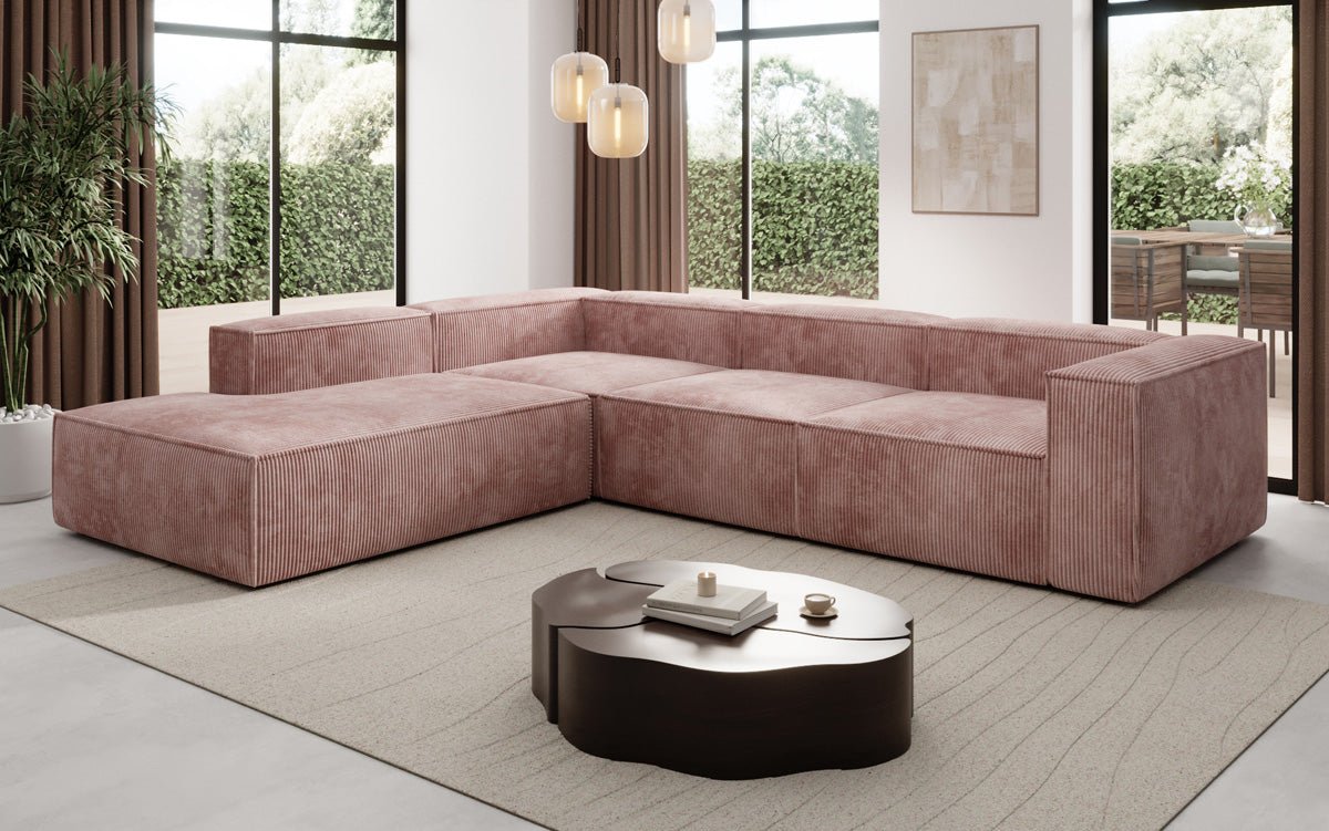 Designer Sofa Lesley L met lange ottomaan in Ribstof